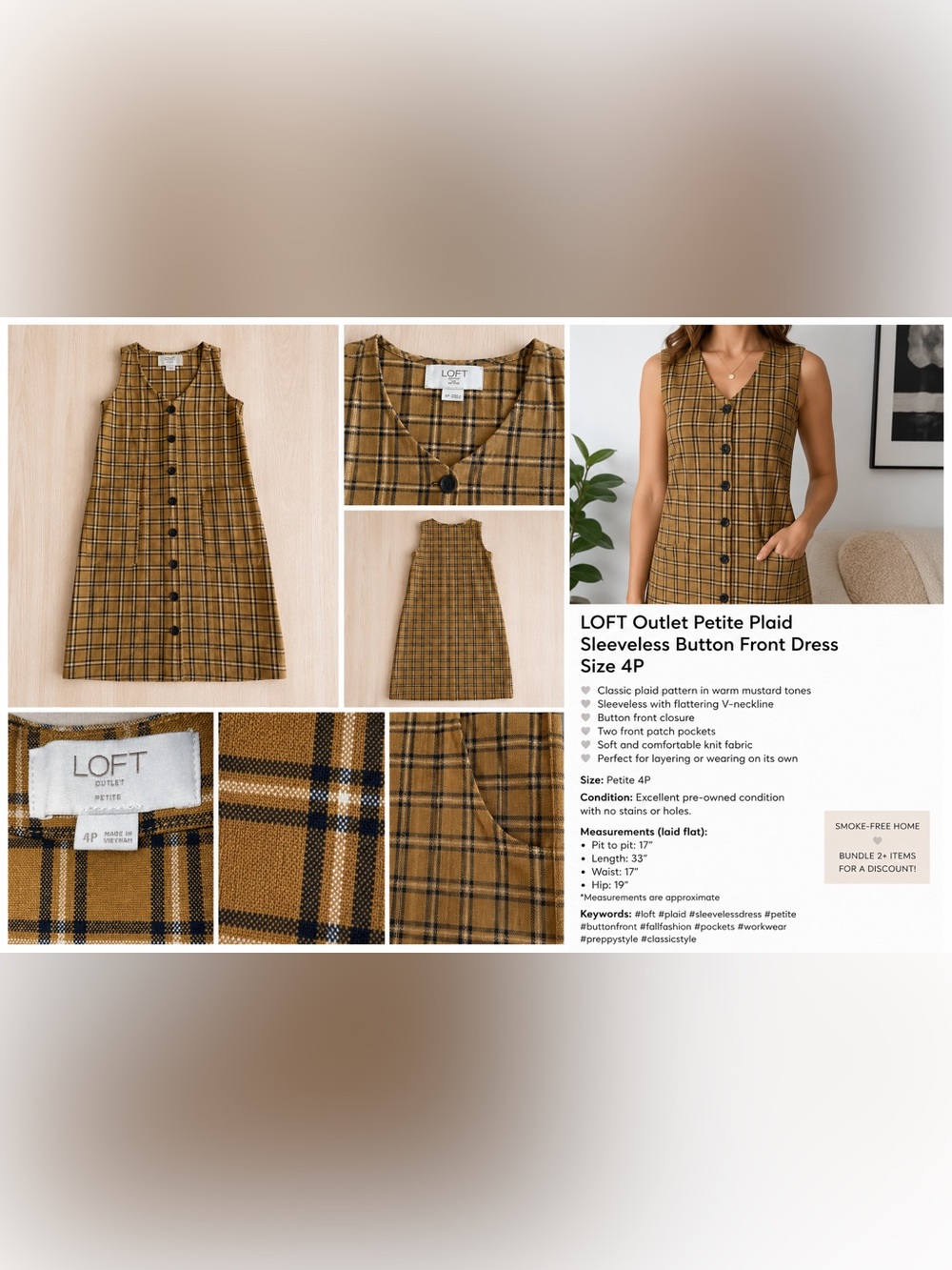 LOFT Petite Plaid Sleeveless Button-Front Dress in Mustard Plaid